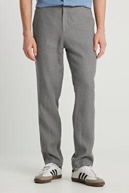 %100 Keten Regular Fit Normal Kesim Normal Bel Düz Paça Koyu Gri Pantolon - Dark Grey-W251047993 (görsel 3)
