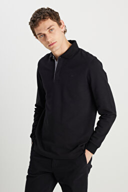 Regular Fit Normal Kesim Uzun Kollu Pamuklu Siyah Polo Yaka Tişört - Black-W2510683001