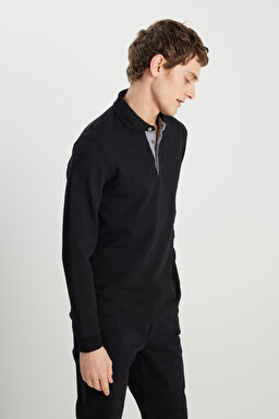 Regular Fit Normal Kesim Uzun Kollu Pamuklu Siyah Polo Yaka Tişört - Black-W2510683001 (görsel 2)