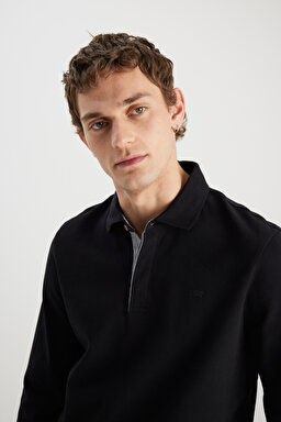 Regular Fit Normal Kesim Uzun Kollu Pamuklu Siyah Polo Yaka Tişört - Black-W2510683001 (görsel 4)
