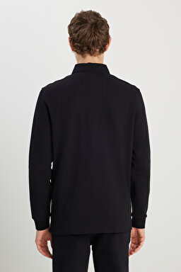 Regular Fit Normal Kesim Uzun Kollu Pamuklu Siyah Polo Yaka Tişört - Black-W2510683001 (görsel 5)