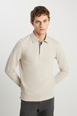 Regular Fit Normal Kesim Uzun Kollu Pamuklu Taş Rengi Polo Yaka Tişört - Stone-W251068313 (görsel 2)
