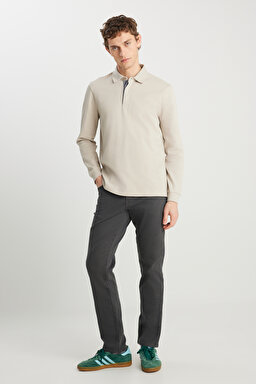 Regular Fit Normal Kesim Uzun Kollu Pamuklu Taş Rengi Polo Yaka Tişört - Stone-W251068313 (görsel 3)
