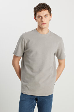 Relaxed Fit Geniş Kesim Bisiklet Yaka Gri Dokulu Basic Tişört - Gray-W2510718035