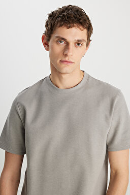 Relaxed Fit Geniş Kesim Bisiklet Yaka Gri Dokulu Basic Tişört - Gray-W2510718035 (görsel 4)