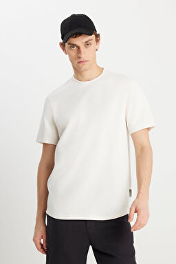 Relaxed Fit Geniş Kesim Bisiklet Yaka Ekru Dokulu Basic Tişört - Ecru-W2510718104