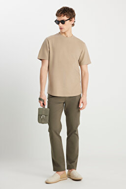 Relaxed Fit Geniş Kesim Bisiklet Yaka Bej Dokulu Basic Tişört - Beige-W2510718614 (görsel 3)
