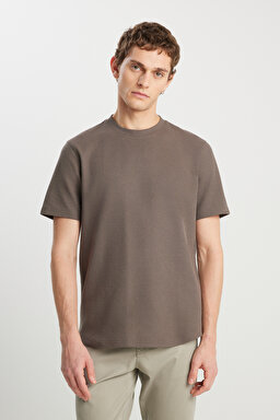 Relaxed Fit Geniş Kesim Bisiklet Yaka Dokulu Haki Tişört - Khaki-W2510718801