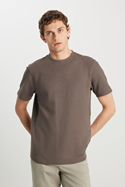 Relaxed Fit Geniş Kesim Bisiklet Yaka Dokulu Haki Tişört - Khaki-W2510718801 (görsel 2)