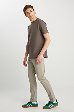 Relaxed Fit Geniş Kesim Bisiklet Yaka Dokulu Haki Tişört - Khaki-W2510718801 (görsel 3)