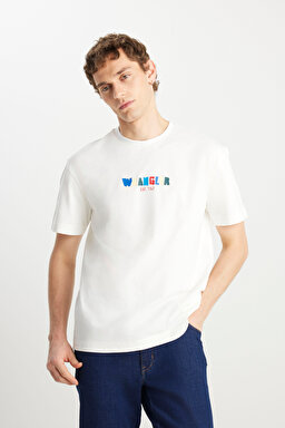 %100 Pamuk Relaxed Fit Geniş Kesim Bisiklet Yaka Ekru Tişört - Off White-W2510719102 (görsel 2)