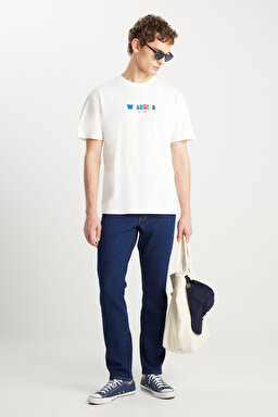 %100 Pamuk Relaxed Fit Geniş Kesim Bisiklet Yaka Ekru Tişört - Off White-W2510719102 (görsel 3)