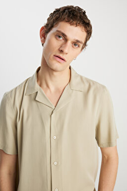 Relaxed Fit Geniş Kesim Yumuşak Dokulu Bej Gömlek - Beige-W2510722614 (görsel 5)