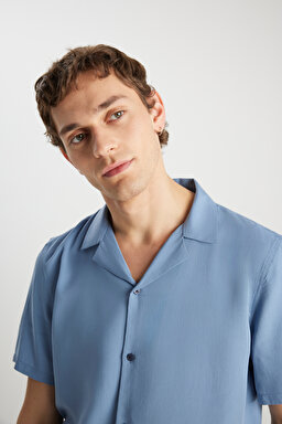 Relaxed Fit Geniş Kesim Yumuşak Dokulu Mavi Gömlek - İndigo-W2510722TF (görsel 4)