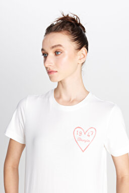 %100 Pamuk Regular Fit Normal Kesim Bisiklet Yaka Grafik Baskılı Ekru Tişört - Ecru-W2510732104 (görsel 4)