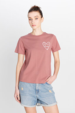 %100 Pamuk Regular Fit Normal Kesim Bisiklet Yaka Grafik Baskılı Gül Kurusu Tişört - Henna-W2510732522 (görsel 2)