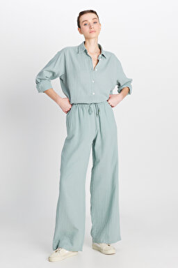 %100 Pamuk Regular Fit Normal Kesim Yüksek Bel Geniş Paça Müslin Desenli Yeşil Pantolon - Dark Green-W2510733826