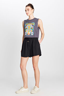 Relaxed Fit Geniş Kesim Yumuşak Dokulu Bağcıklı Siyah Şort - Black-W2510735001 (görsel 2)