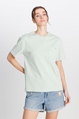 %100 Pamuk Regular Fit Normal Kesim Bisiklet Yaka Cep Detaylı Açıık Yeşil Tişört - SoftSage-W251073641