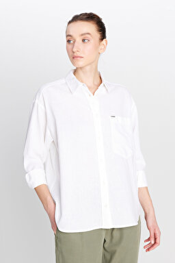 Relaxed Fit Geniş Kesim Keten Karışımlı Beyaz Gömlek - White-W2510738100 (görsel 2)