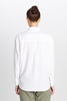 Relaxed Fit Geniş Kesim Keten Karışımlı Beyaz Gömlek - White-W2510738100 (görsel 5)