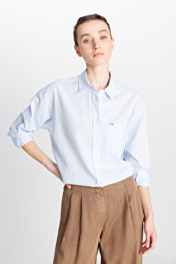 Relaxed Fit Geniş Kesim Uzun Kollu Keten Karışımlı Mavi Gömlek - Blue-W2510738400 (görsel 2)