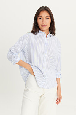 Regular Fit Normal Kesim Keten Karışımlı Çizgili Mavi Gömlek - Blue-W2510744400