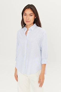 Regular Fit Normal Kesim Keten Karışımlı Çizgili Mavi Gömlek - Blue-W2510744400 (görsel 2)