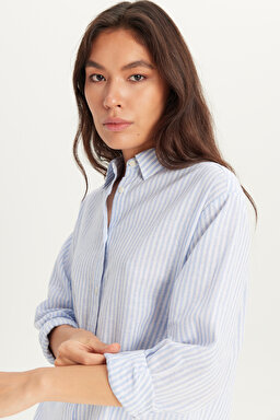 Regular Fit Normal Kesim Keten Karışımlı Çizgili Mavi Gömlek - Blue-W2510744400 (görsel 4)