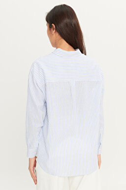Regular Fit Normal Kesim Keten Karışımlı Çizgili Mavi Gömlek - Blue-W2510744400 (görsel 5)