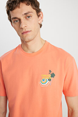 %100 Pamuk Relaxed Fit Geniş Kesim Bisiklet Yaka Mercan Rengi Tişört - Coral-W2510747512 (görsel 4)