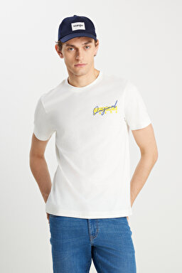 %100 Pamuk Regular Fit Normal Kesim Bisiklet Yaka Ekru Tişört - Off White-W2510748102