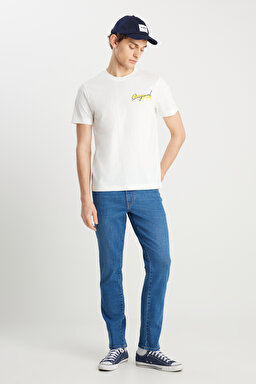 %100 Pamuk Regular Fit Normal Kesim Bisiklet Yaka Ekru Tişört - Off White-W2510748102 (görsel 3)