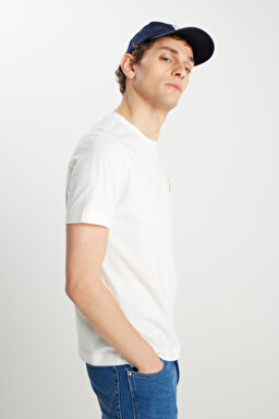 %100 Pamuk Regular Fit Normal Kesim Bisiklet Yaka Ekru Tişört - Off White-W2510748102 (görsel 4)