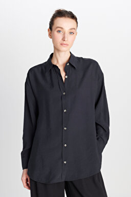 Loose Fit Rahat Kesim Siyah Gömlek - Black-W2510769001 (görsel 2)
