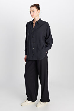 Loose Fit Rahat Kesim Siyah Gömlek - Black-W2510769001 (görsel 3)