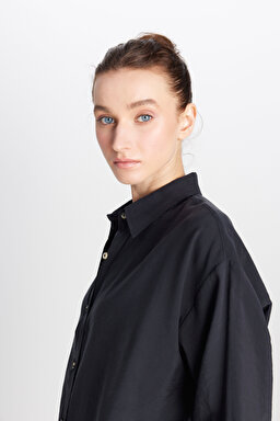 Loose Fit Rahat Kesim Siyah Gömlek - Black-W2510769001 (görsel 4)