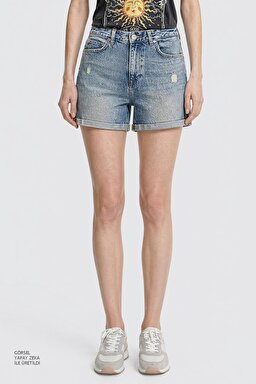 %100 Pamuk Regular Fit Normal Kesim Mavi Mini Denim Jean Şort - Blue-W2510772400 (görsel 4)