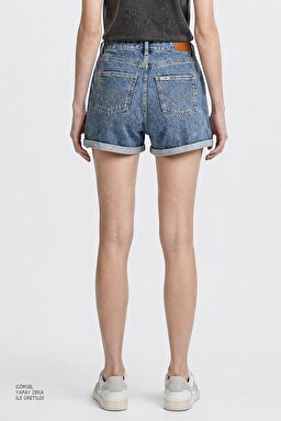%100 Pamuk Regular Fit Normal Kesim Mavi Mini Denim Jean Şort - Blue-W2510772400 (görsel 5)