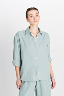 %100 Pamuk Relaxed Fit Geniş Kesim Koyu Yeşil Müslin Gömlek - Dark Green-W2510783826