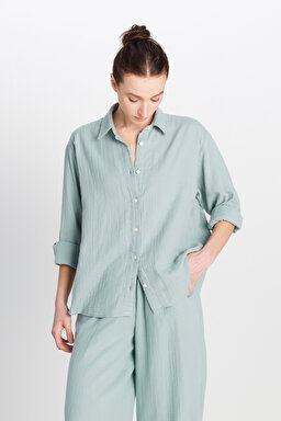 %100 Pamuk Relaxed Fit Geniş Kesim Koyu Yeşil Müslin Gömlek - Dark Green-W2510783826 (görsel 2)