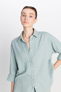 %100 Pamuk Relaxed Fit Geniş Kesim Koyu Yeşil Müslin Gömlek - Dark Green-W2510783826 (görsel 4)