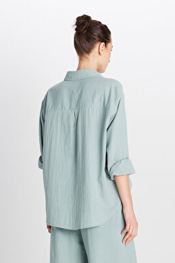 %100 Pamuk Relaxed Fit Geniş Kesim Koyu Yeşil Müslin Gömlek - Dark Green-W2510783826 (görsel 5)