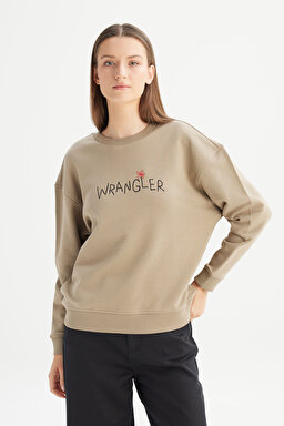 %100 Pamuk Relaxed Fit Geniş Bisiklet Yaka Bej Big Logo Sweatshirt - Beige-W2520094614