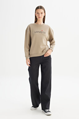 %100 Pamuk Relaxed Fit Geniş Bisiklet Yaka Bej Big Logo Sweatshirt - Beige-W2520094614 (görsel 2)