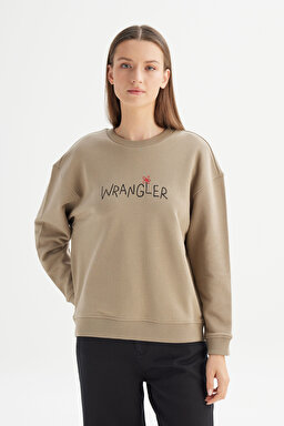 %100 Pamuk Relaxed Fit Geniş Bisiklet Yaka Bej Big Logo Sweatshirt - Beige-W2520094614 (görsel 3)