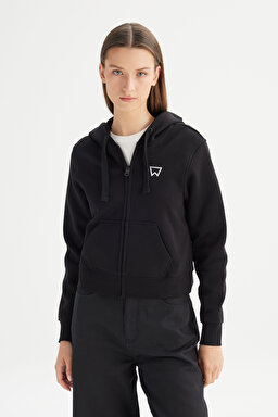 Regular Fit Normal Kesim Kapüşonlu İçi Polarlı Fermuarlı Siyah Sweatshirt Ceket - Black-W2520095001