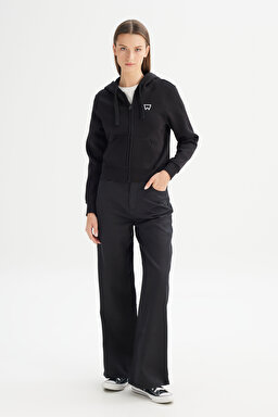 Regular Fit Normal Kesim Kapüşonlu İçi Polarlı Fermuarlı Siyah Sweatshirt Ceket - Black-W2520095001 (görsel 2)
