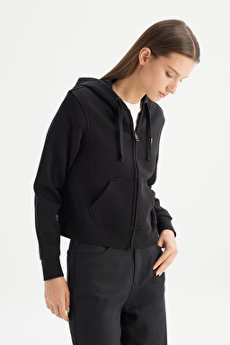 Regular Fit Normal Kesim Kapüşonlu İçi Polarlı Fermuarlı Siyah Sweatshirt Ceket - Black-W2520095001 (görsel 3)