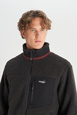 Regular Fit Normal Kesim Dik Yaka Tam Fermuarlı Cepli Sherpa Sweatshirt Polar - Anthracite-W2520142003 (görsel 4)